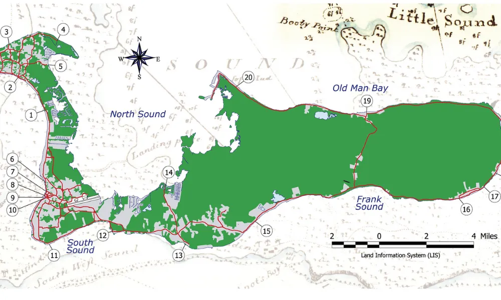 Map of the driving routes on the Grand Cayman Heritage Trail 